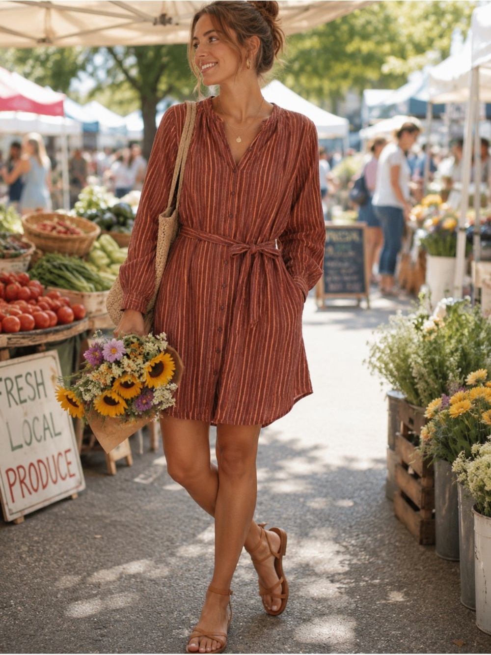 Old Navy Rust Striped Button-Front Tie-Waist Mini Dress